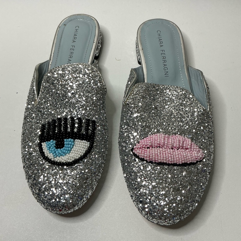 Chiara Ferragni Sabot flirting eyes & lips Glitter Mules Size: IT 36/US 6.5 - Picture 2 of 5